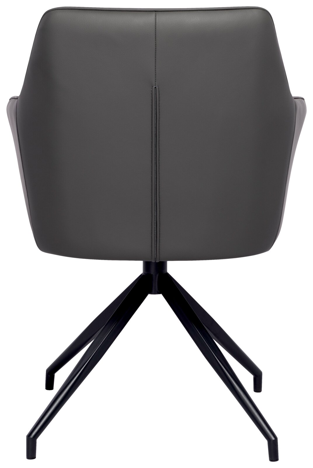 Rückansicht eines modernen Armlehnstuhls mit schwarzem Metallgestell und grauer Polsterung