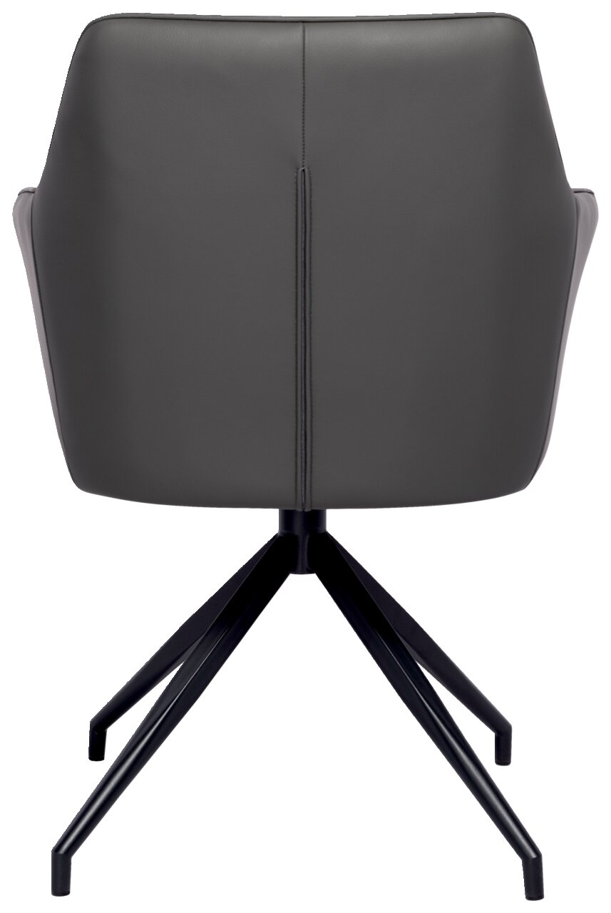 Rückansicht eines modernen Armlehnstuhls mit schwarzem Metallgestell und grauer Polsterung