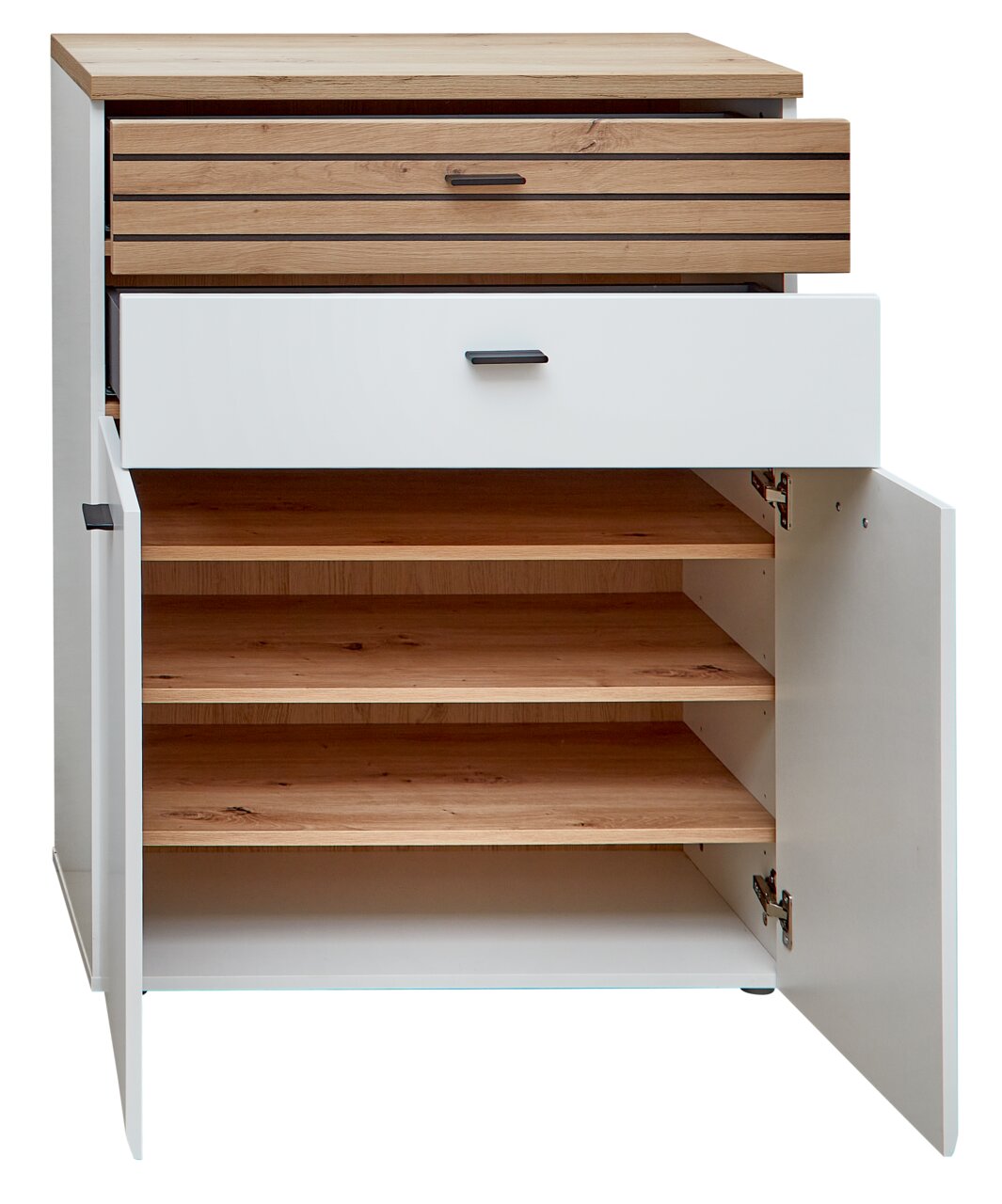 Schuhschrank aus Holz mit zwei offenen Schubladen und zwei offenen Türen, frontal betrachtet.