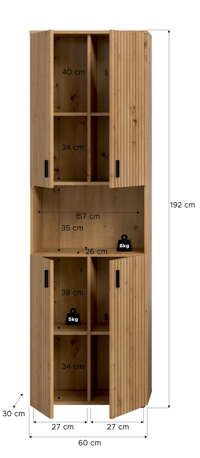 Hoher Holzschrank mit Lamellenfront und geöffneten Türen, Innenfächer mit Maßangaben (u. a. 192 cm Höhe, 60 cm Breite, 30 cm Tiefe) und Belastungsangaben, frontale Ansicht.