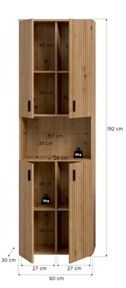 Hoher Holzschrank mit Lamellenfront und geöffneten Türen, Innenfächer mit Maßangaben (u. a. 192 cm Höhe, 60 cm Breite, 30 cm Tiefe) und Belastungsangaben, frontale Ansicht.
