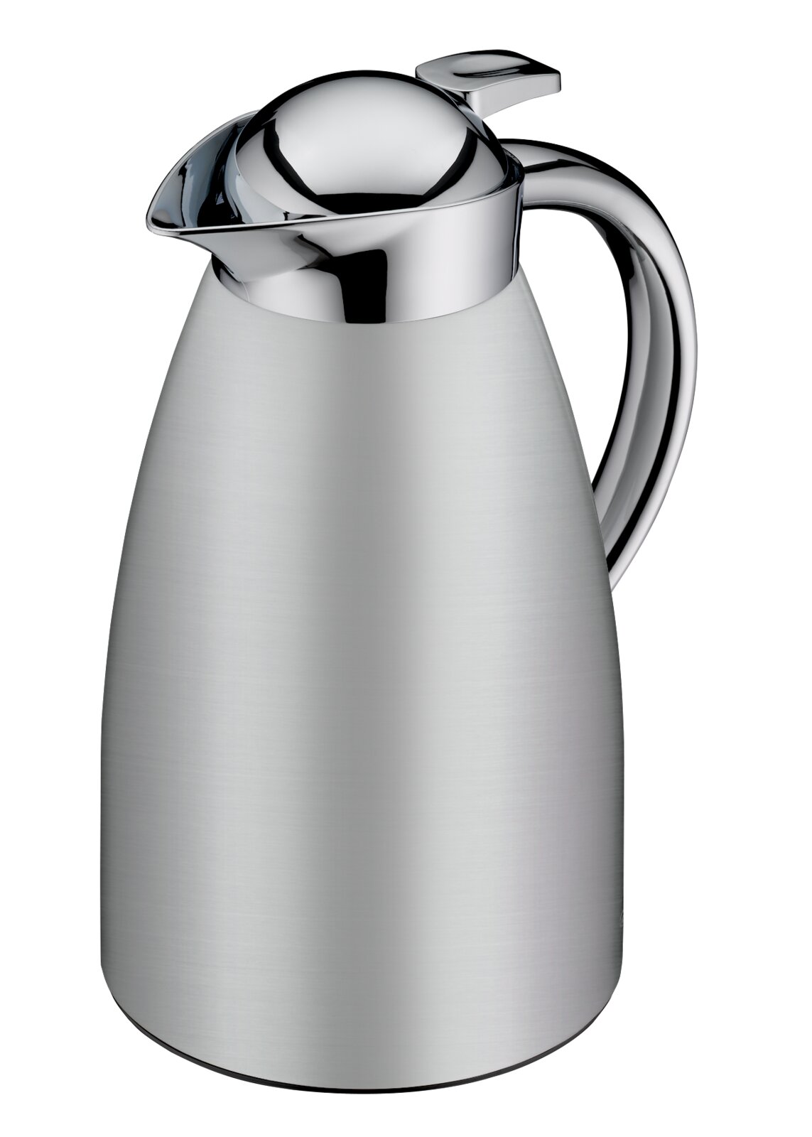 Edelstahl-Isolierkanne in Silber mit glänzendem Chromdeckel und ergonomischem Griff, schräg von vorne links fotografiert
