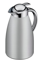 Edelstahl-Isolierkanne in Silber mit glänzendem Chromdeckel und ergonomischem Griff, schräg von vorne links fotografiert