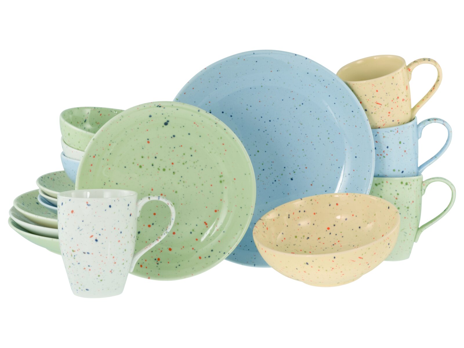 Creatable Kombiservice 16-tlg CONFETTI Bunt gesprenkeltes Keramik-Geschirrset in Pastellfarben (Teller, Schalen und Tassen) auf weißem Hintergrund, Frontansicht in leicht schräger Perspektive