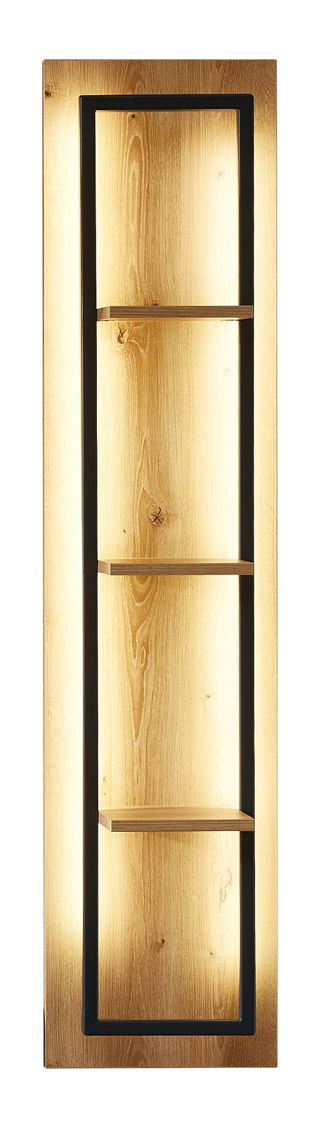 Holzregal mit drei Fächern und schwarzem Rahmen, frontal beleuchtet