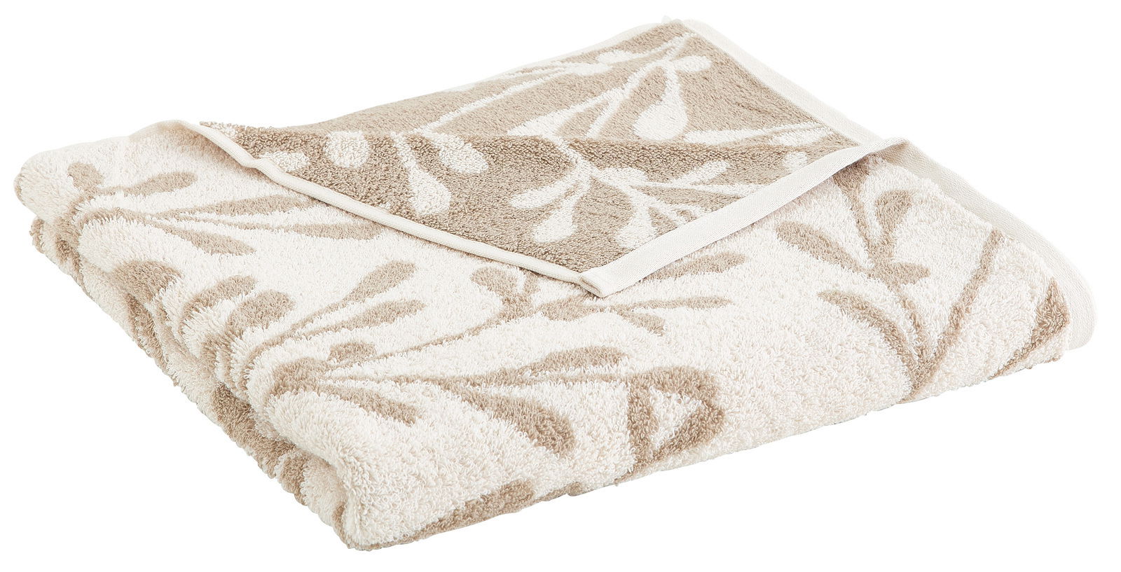 Depotex Duschtuch LEAF Beigefarbenes Duschtuch mit floralem Muster, gefaltet und aus einer seitlichen Perspektive fotografiert