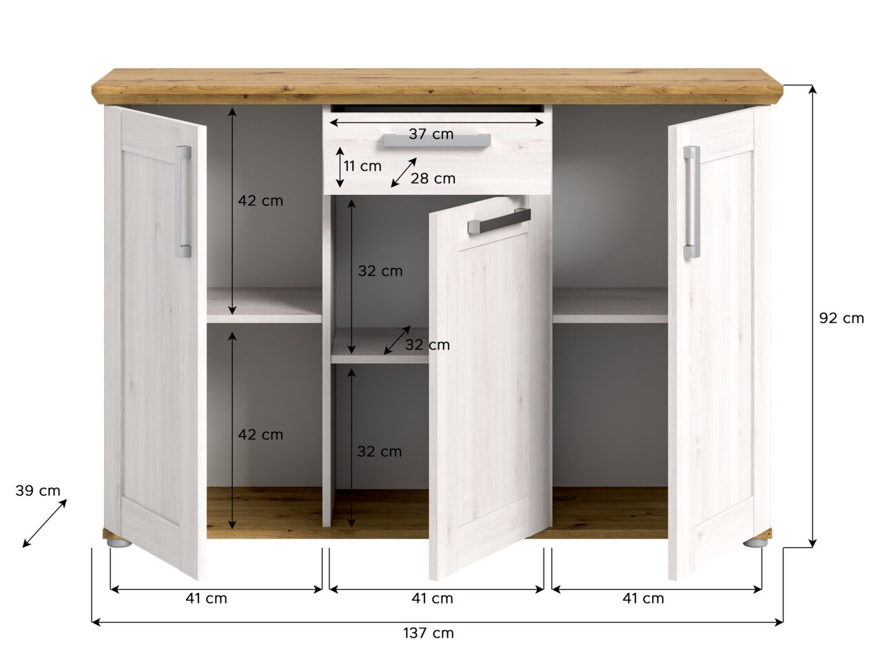 Kommode mit drei Türen und einer Schublade, Frontansicht. Maße: 137 cm Breite, 92 cm Höhe, 39 cm Tiefe. Weiße Holzoptik mit naturfarbener Oberplatte.