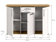 Kommode mit drei Türen und einer Schublade, Frontansicht. Maße: 137 cm Breite, 92 cm Höhe, 39 cm Tiefe. Weiße Holzoptik mit naturfarbener Oberplatte.