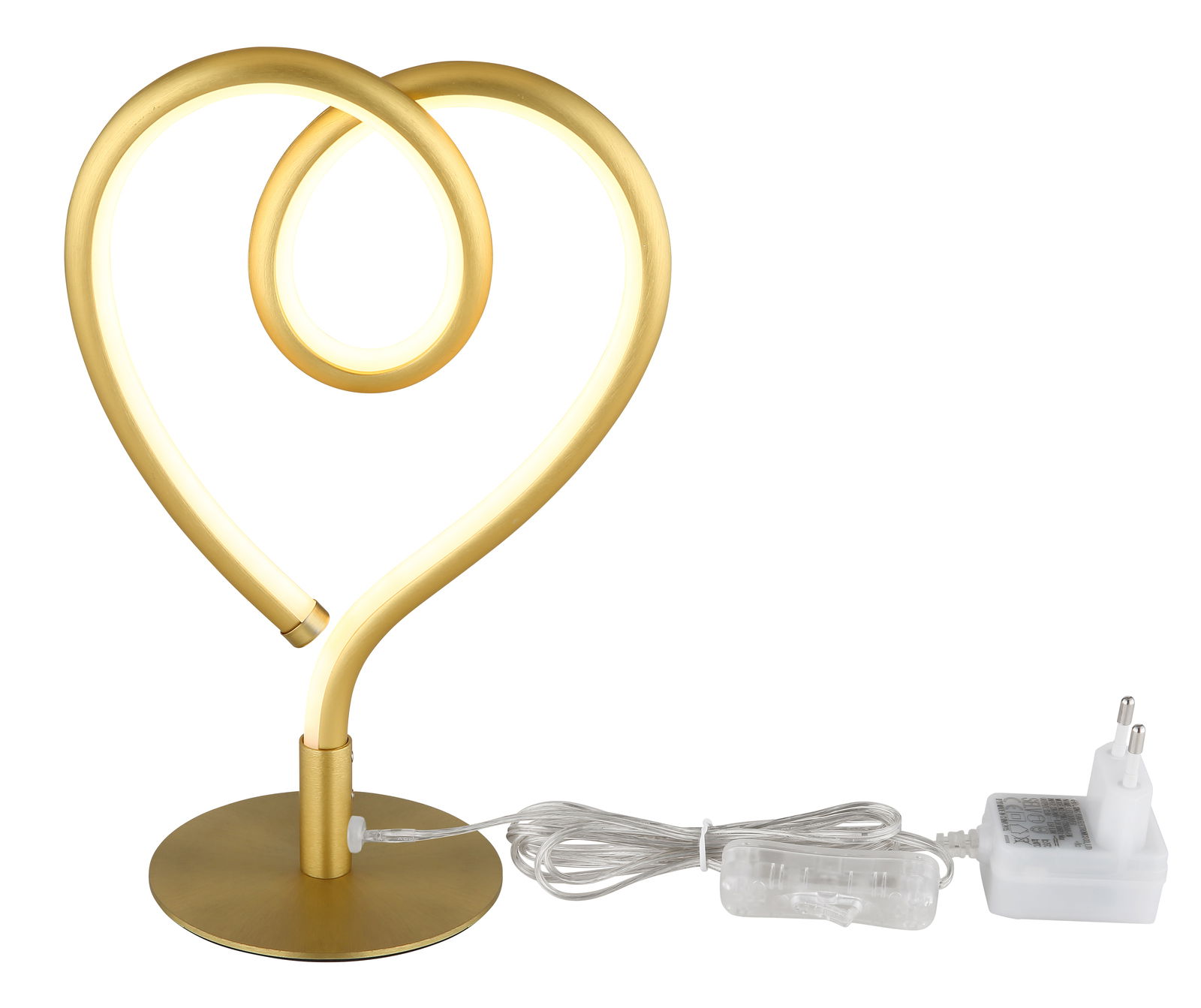 Goldene LED-Tischleuchte in Herzform, seitliche Perspektive
