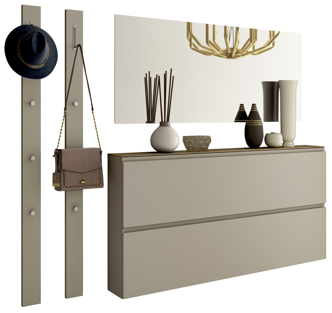 Moderano Garderoben-Set LECCO Garderobenset mit zwei vertikalen Paneelen mit Haken, einem großen Spiegel und einer Kommode mit Dekorationen, seitliche Perspektive