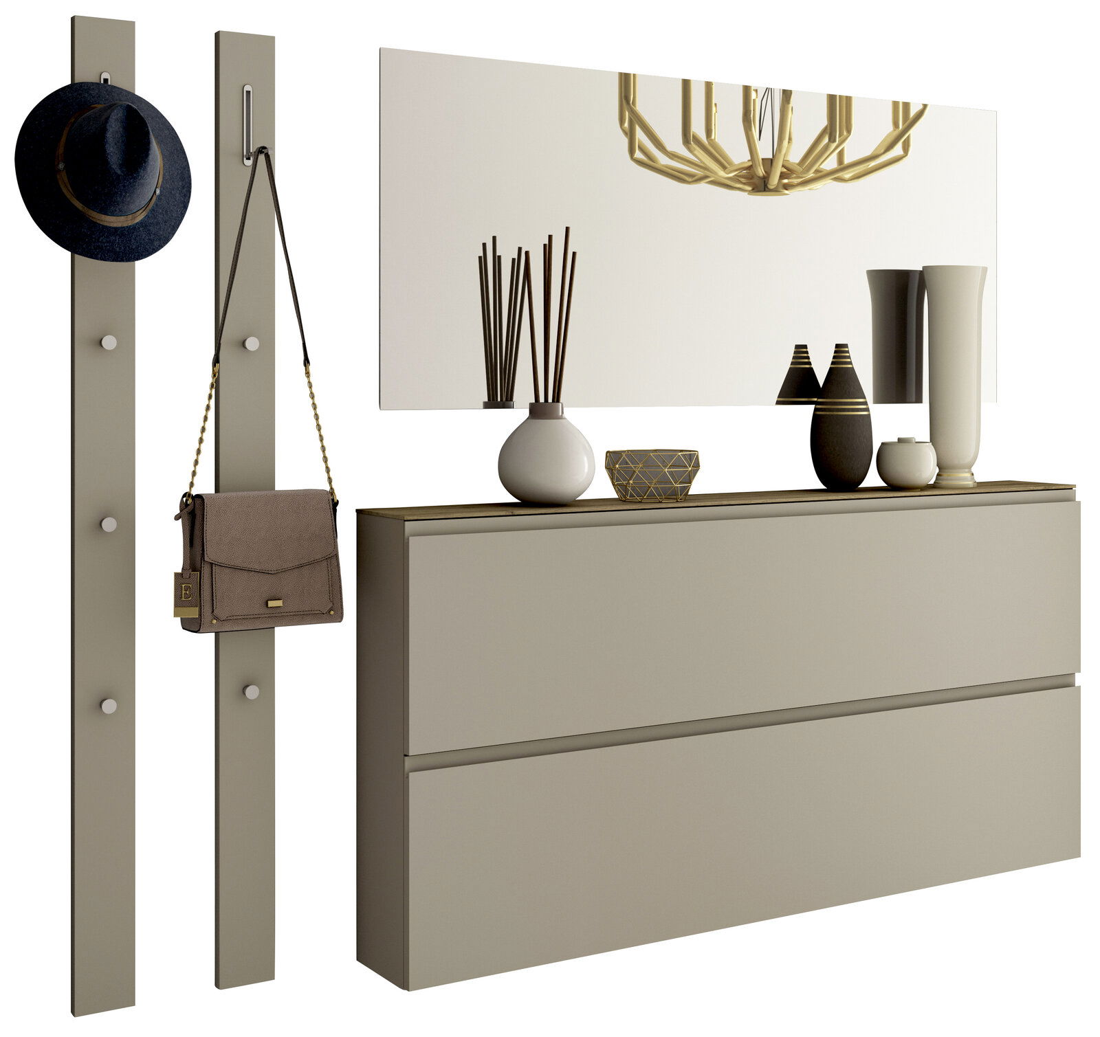 Moderano Garderoben-Set LECCO Garderobenset mit zwei vertikalen Paneelen mit Haken, einem großen Spiegel und einer Kommode mit Dekorationen, seitliche Perspektive