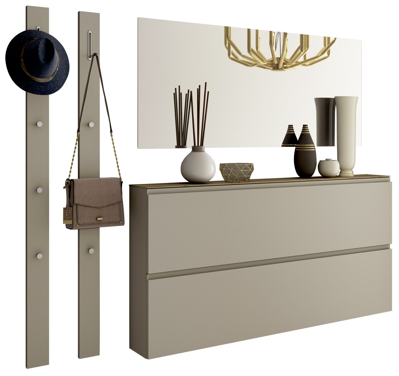 Garderobenset mit zwei vertikalen Paneelen mit Haken, einem großen Spiegel und einer Kommode mit Dekorationen, seitliche Perspektive
