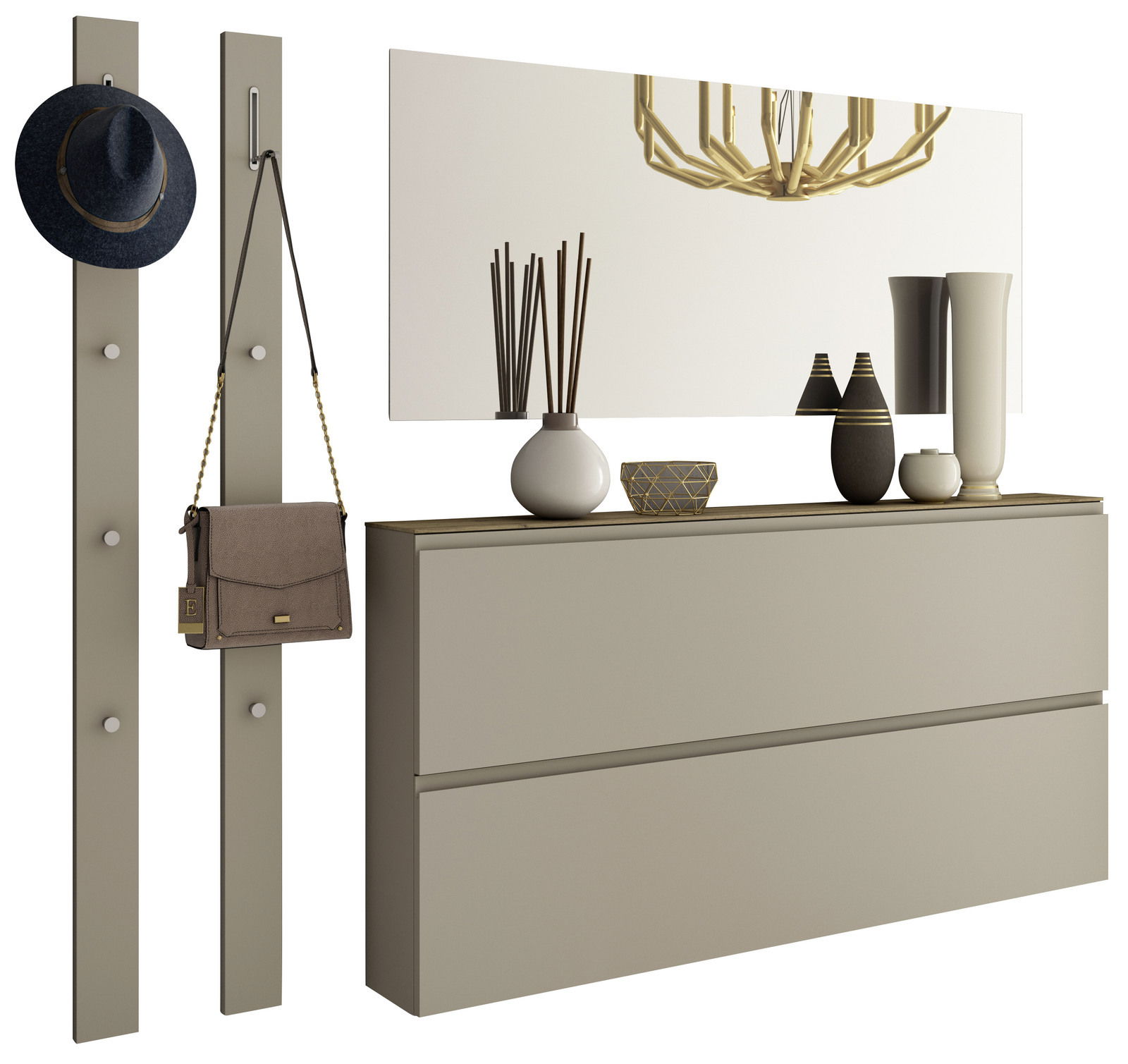 Moderano Garderoben-Set LECCO Garderobenset mit zwei vertikalen Paneelen mit Haken, einem großen Spiegel und einer Kommode mit Dekorationen, seitliche Perspektive