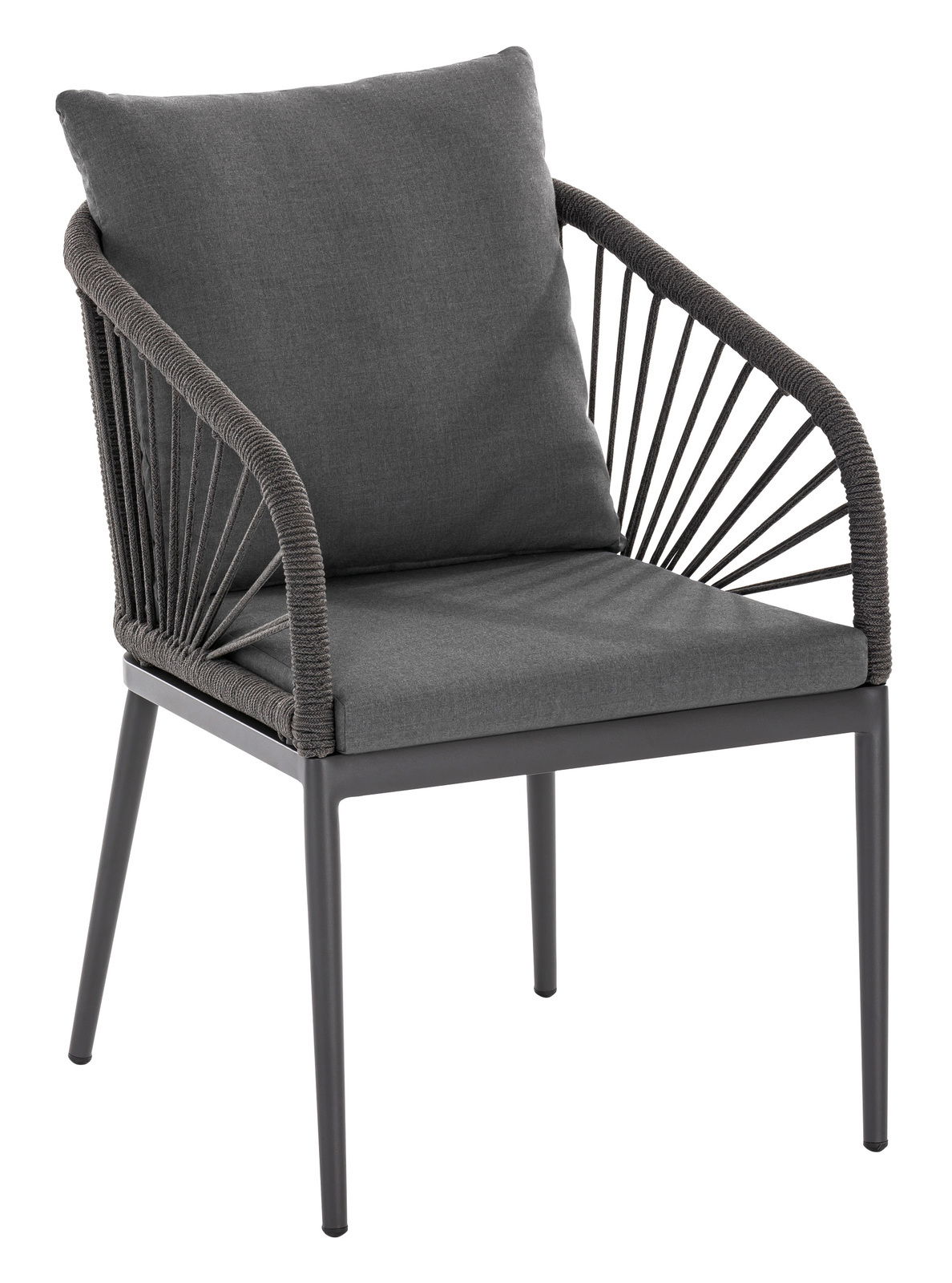 Moderner Designsessel mit grauem Kissen und geflochtenen Armlehnen, seitliche Perspektive