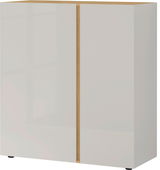 Frontansicht der Germania Kommode MAGNUS mit weißer Hochglanzoberfläche und Holzdetails in der Mitte.