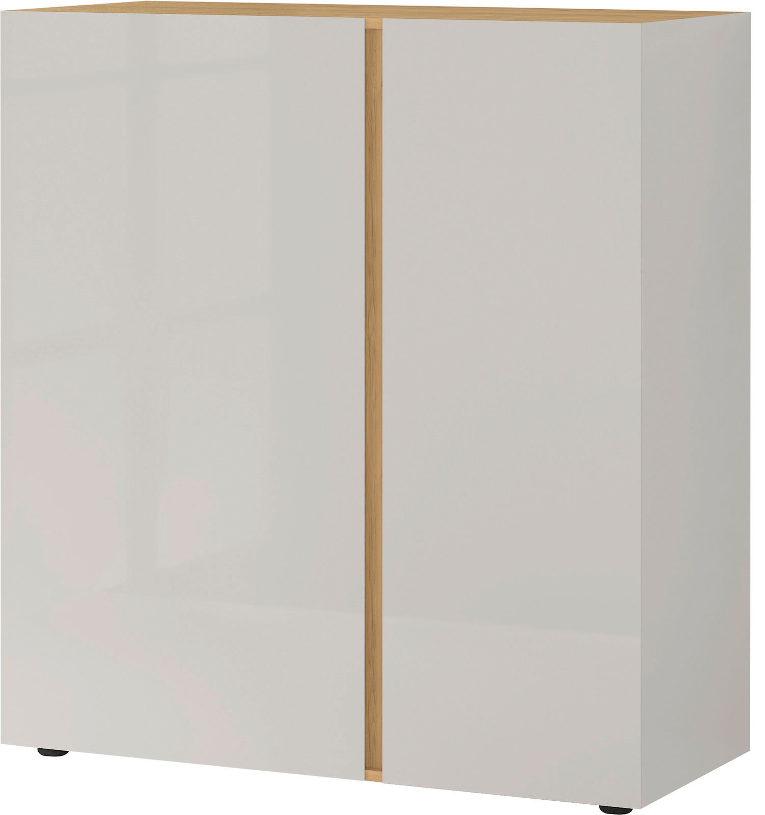 MID.YOU Kommode MESA Frontansicht der Germania Kommode MAGNUS mit weißer Hochglanzoberfläche und Holzdetails in der Mitte.