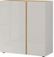 Frontansicht der Germania Kommode MAGNUS mit weißer Hochglanzoberfläche und Holzdetails in der Mitte.