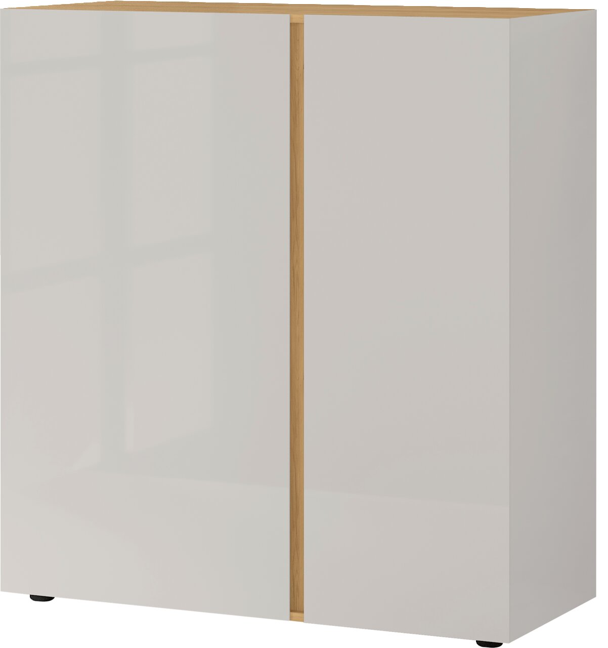 MID.YOU Kommode MESA Frontansicht der Germania Kommode MAGNUS mit weißer Hochglanzoberfläche und Holzdetails in der Mitte.