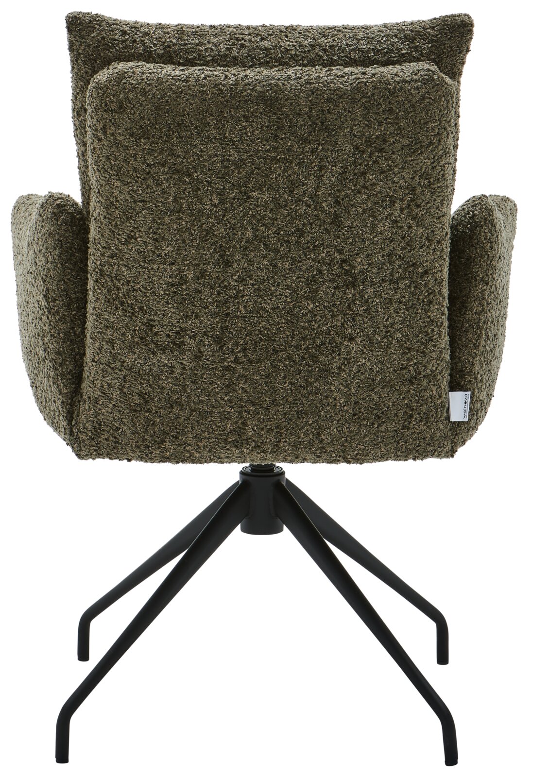 Rückansicht eines Armlehnstuhls mit grünem Stoffbezug und schwarzem Metallgestell