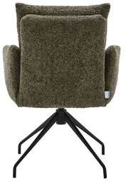 Rückansicht eines Armlehnstuhls mit grünem Stoffbezug und schwarzem Metallgestell