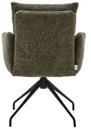 Rückansicht eines Armlehnstuhls mit grünem Stoffbezug und schwarzem Metallgestell