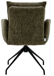 Achterkant van een fauteuil met groene stoffen bekleding en een zwart metalen frame