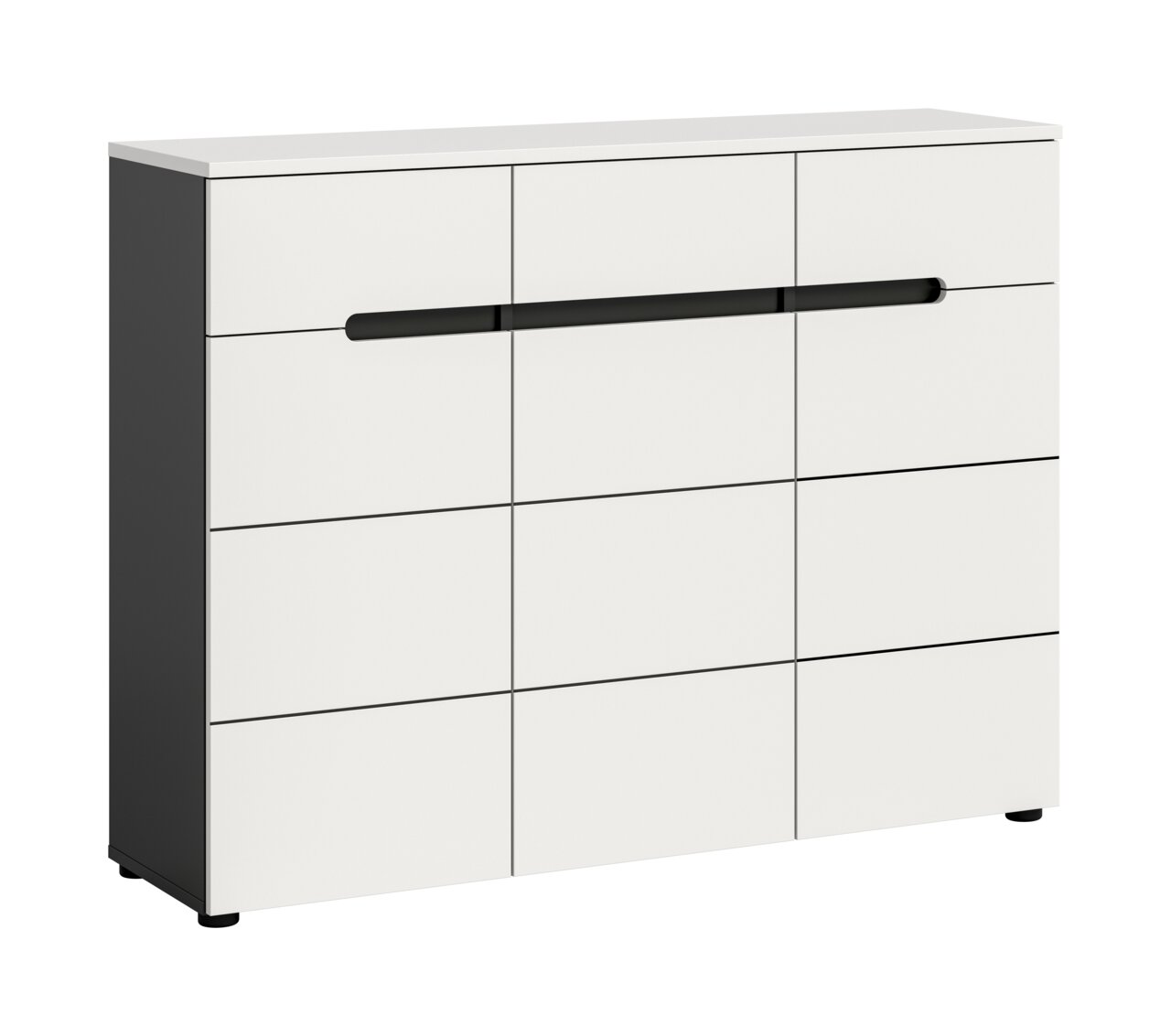 Moderne weiße Kommode/Sideboard mit schwarzem Korpus und langem schwarzen Griff, freigestellt auf weißem Hintergrund, in leichter Front-Links-Perspektive