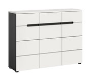 Moderne weiße Kommode/Sideboard mit schwarzem Korpus und langem schwarzen Griff, freigestellt auf weißem Hintergrund, in leichter Front-Links-Perspektive