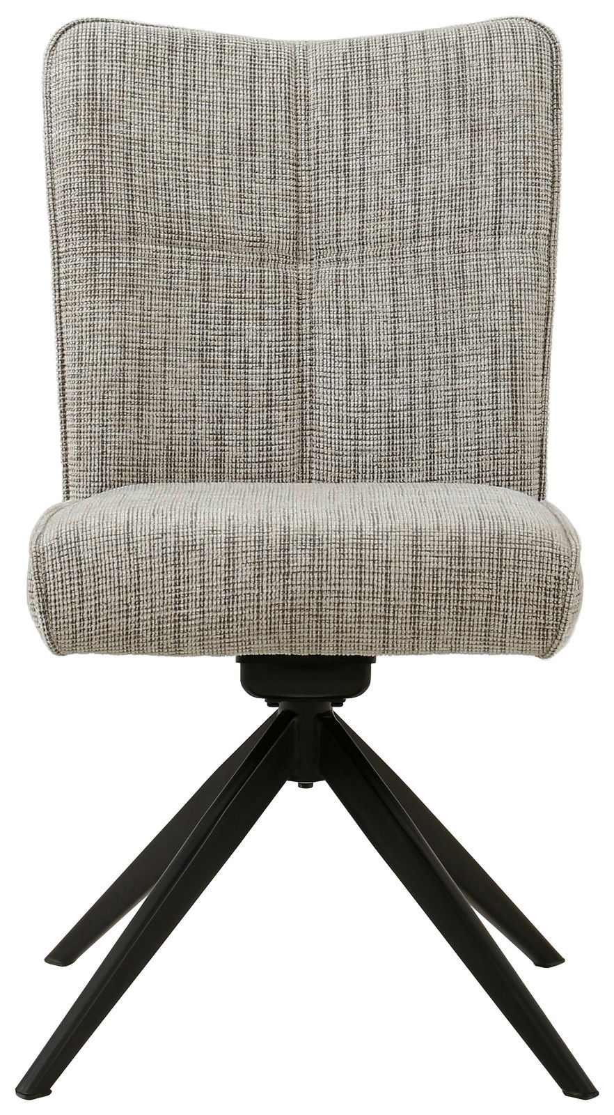 Moderner Stuhl THEODOR mit gepolsterter Sitzfläche und Rückenlehne in grauem Stoff, auf schwarzem Metallgestell, Frontalansicht.