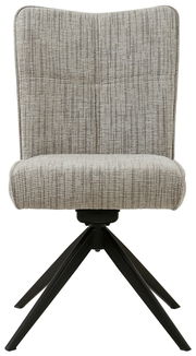 Moderner Stuhl THEODOR mit gepolsterter Sitzfläche und Rückenlehne in grauem Stoff, auf schwarzem Metallgestell, Frontalansicht.