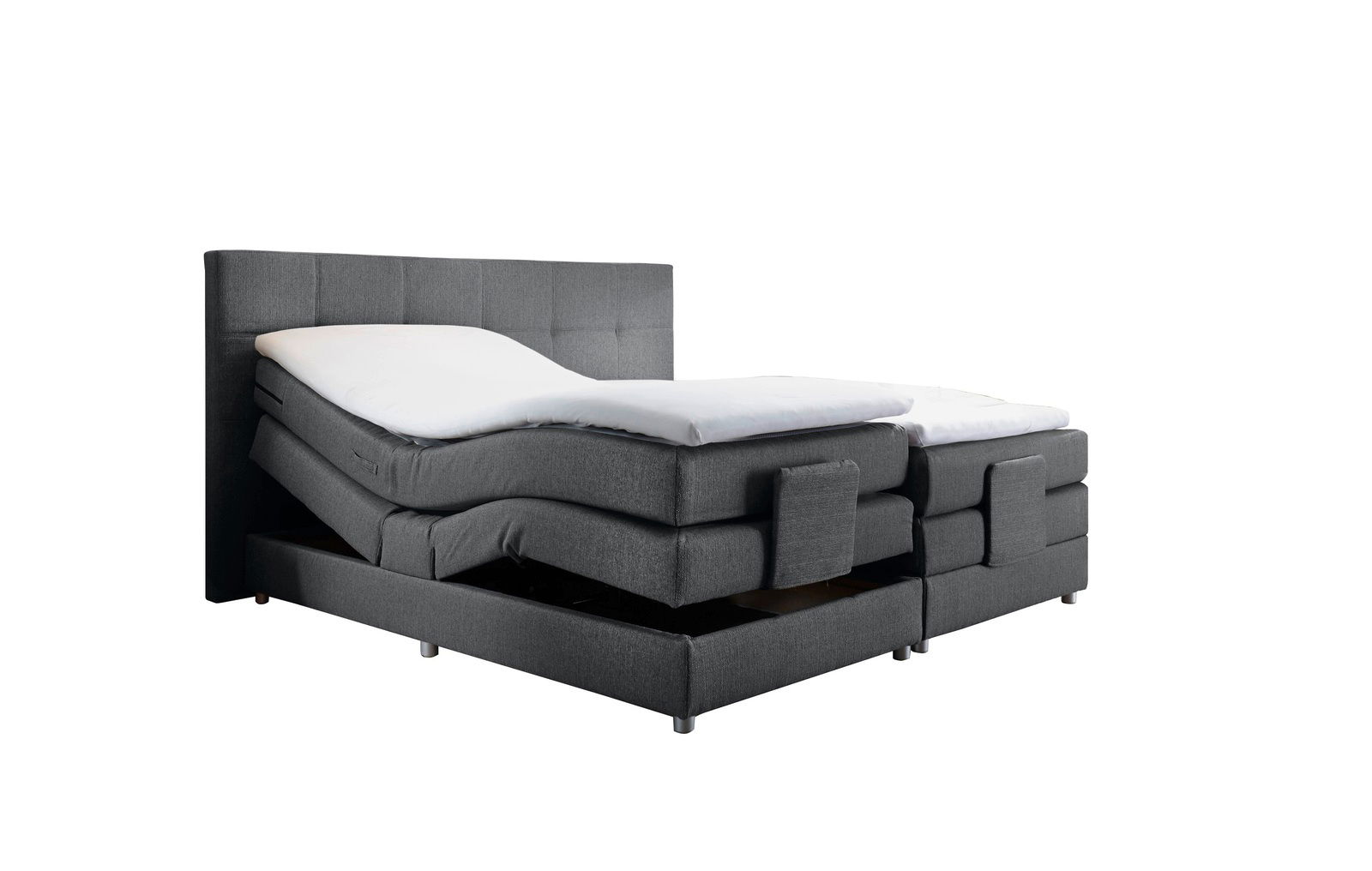 Graues Boxspringbett mit verstellbaren Matratzen, seitliche Perspektive