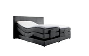 Graues Boxspringbett mit verstellbaren Matratzen, seitliche Perspektive