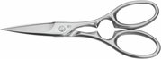 Edelstahl-Küchenschere in seitlicher Ansicht mit ergonomischen Griffen und scharfer Klinge.