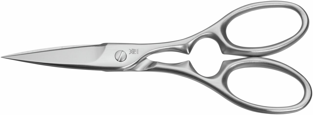 Roestvrijstalen keukenschaar in zijaanzicht, met ergonomische handgrepen en een scherp lemmet.