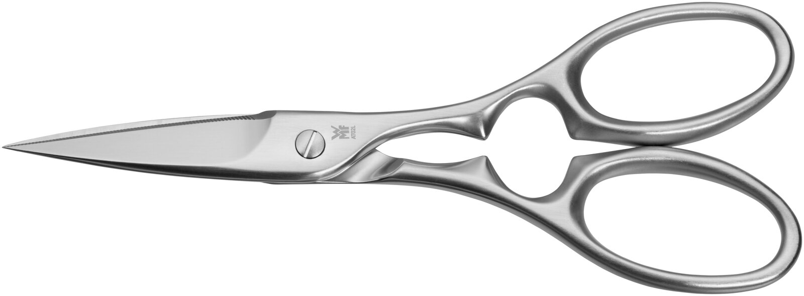 Edelstahl-Küchenschere in seitlicher Ansicht mit ergonomischen Griffen und scharfer Klinge.