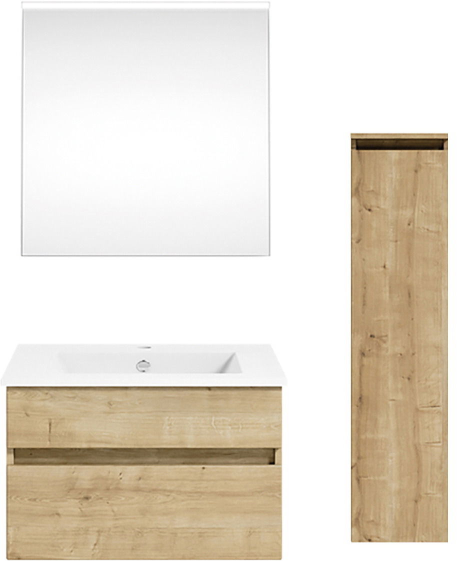 Puris Badkombination GET2YOU 21 Frontale Ansicht einer Badkombination mit Spiegel, Waschbeckenunterschrank und hohem Schrank in Holzoptik.