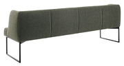 Rückansicht einer modernen, grünen Bank mit Metallbeinen.