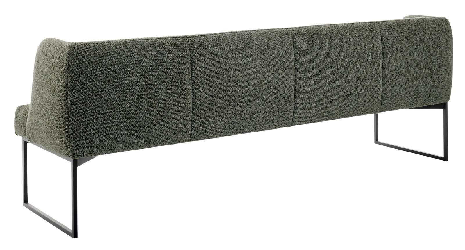 Rückansicht einer modernen, grünen Bank mit Metallbeinen.