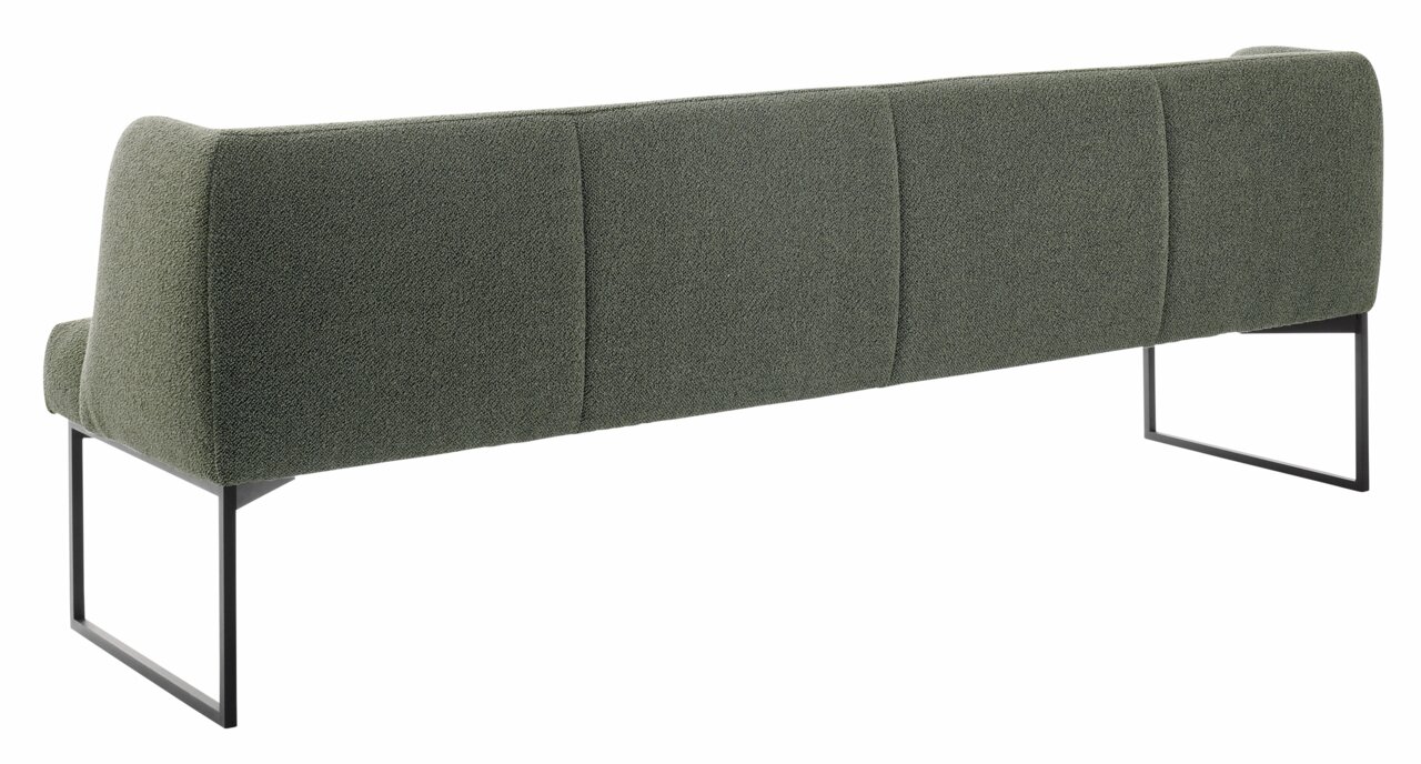 Rückansicht einer modernen, grünen Bank mit Metallbeinen.