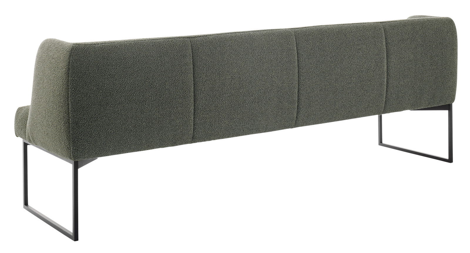 Rückansicht einer modernen, grünen Bank mit Metallbeinen.