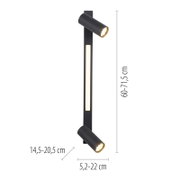 Schwarze, moderne LED-Wandleuchte mit zwei schwenkbaren Spotköpfen und mittigem Lichtstreifen, Produktansicht frontal von vorn auf weißem Hintergrund, Maße ca. 60–71,5 cm hoch und 14,5–20,5 cm ausladend.