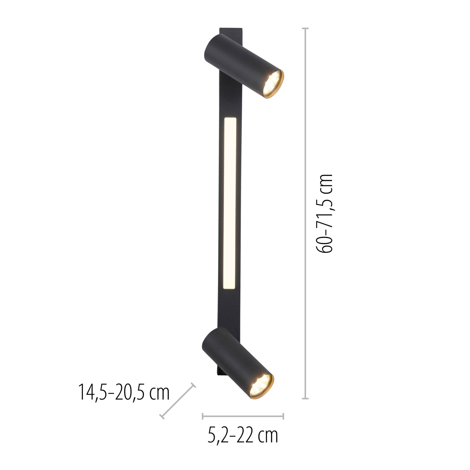 Schwarze, moderne LED-Wandleuchte mit zwei schwenkbaren Spotköpfen und mittigem Lichtstreifen, Produktansicht frontal von vorn auf weißem Hintergrund, Maße ca. 60–71,5 cm hoch und 14,5–20,5 cm ausladend.