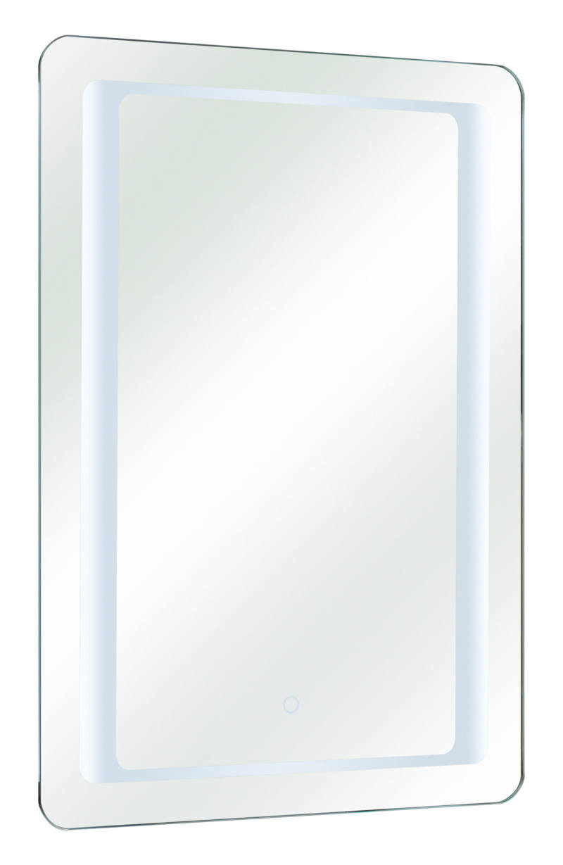 Rechteckiger LED-Spiegel mit abgerundeten Ecken, seitliche Perspektive