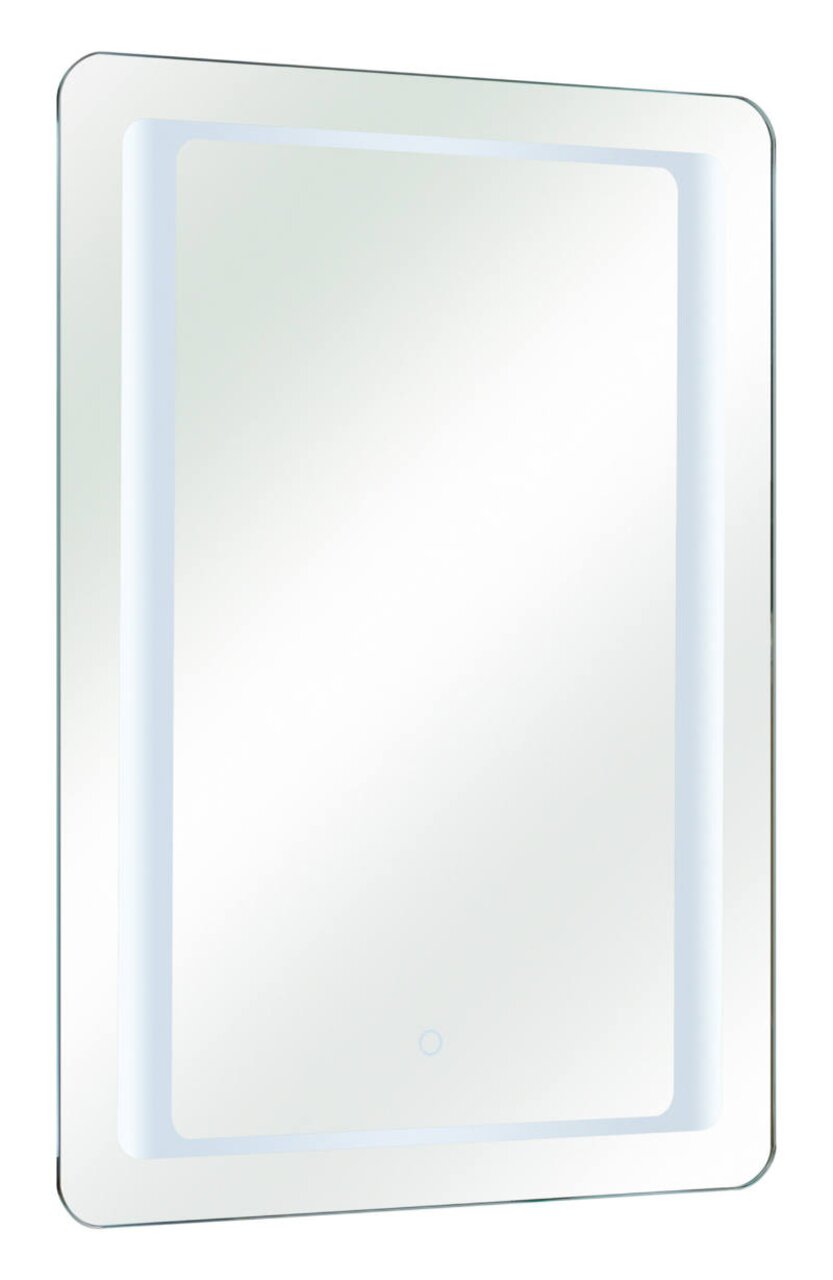 Rechteckiger LED-Spiegel mit abgerundeten Ecken, seitliche Perspektive