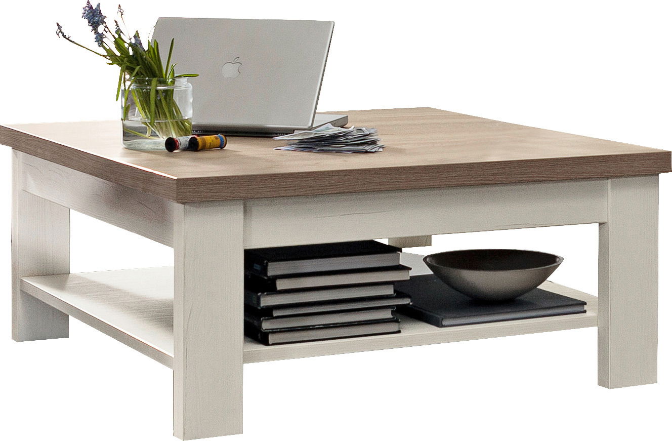 Moderner Couchtisch mit Holzplatte und weißem Gestell, seitliche Perspektive, dekoriert mit Laptop, Vase und Zeitschriften.