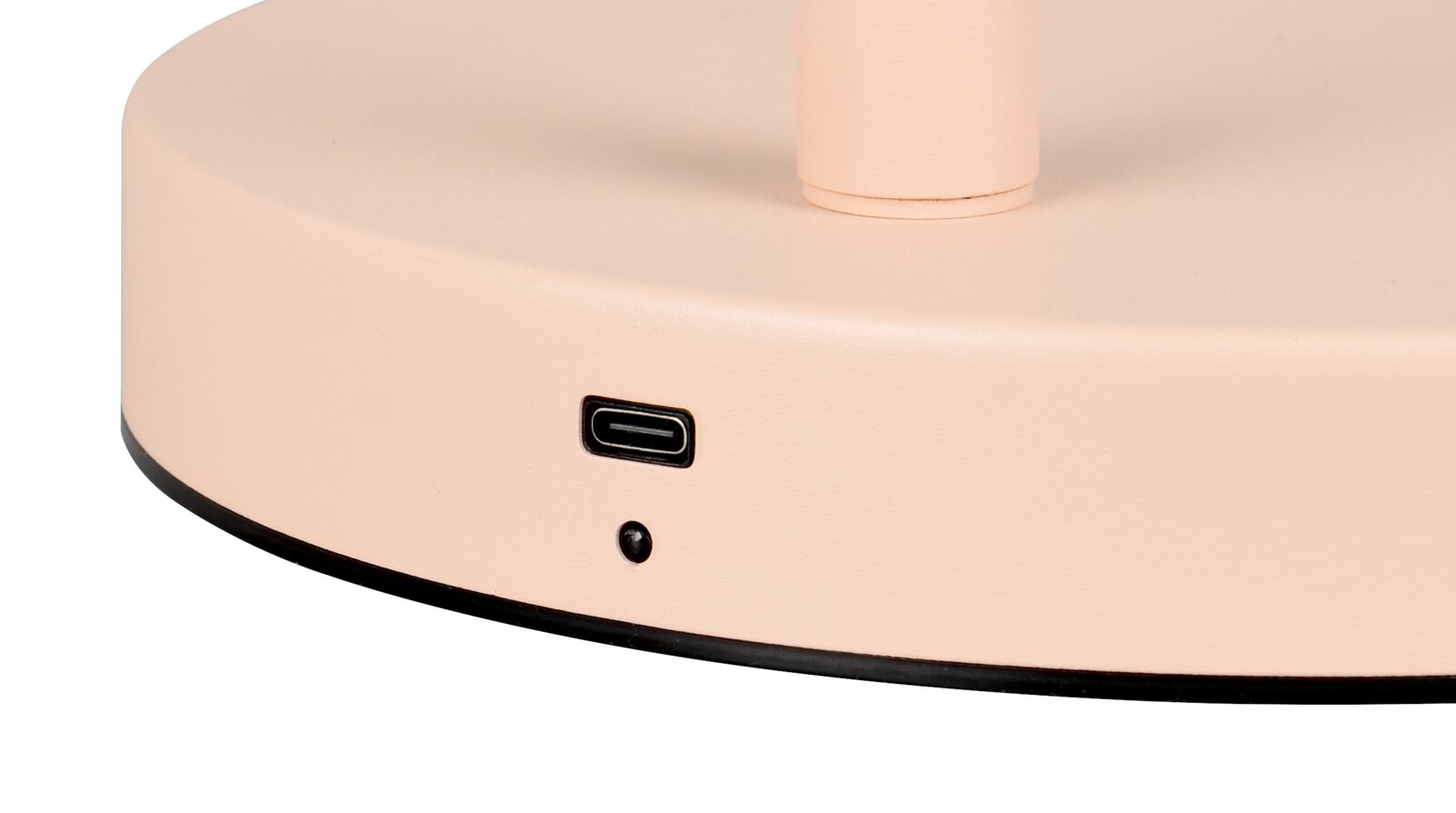 Close-up van de voet van een staande lamp op accu met USB-C-aansluiting, gezien vanaf de zijkant.