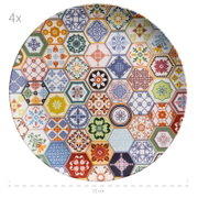 Runder Speiseteller (4er-Set) mit buntem Patchwork-Muster aus sechseckigen Fliesenmotiven, Draufsicht von oben, Durchmesser ca. 33 cm