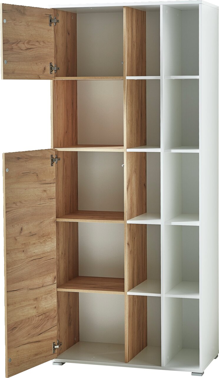 Offener Aktenschrank mit Holztüren und weißen Regalfächern, seitliche Perspektive