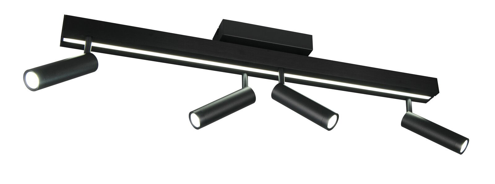 Moderne Deckenleuchte Zeno mit vier verstellbaren Strahlern in schwarzem Design, seitliche Perspektive