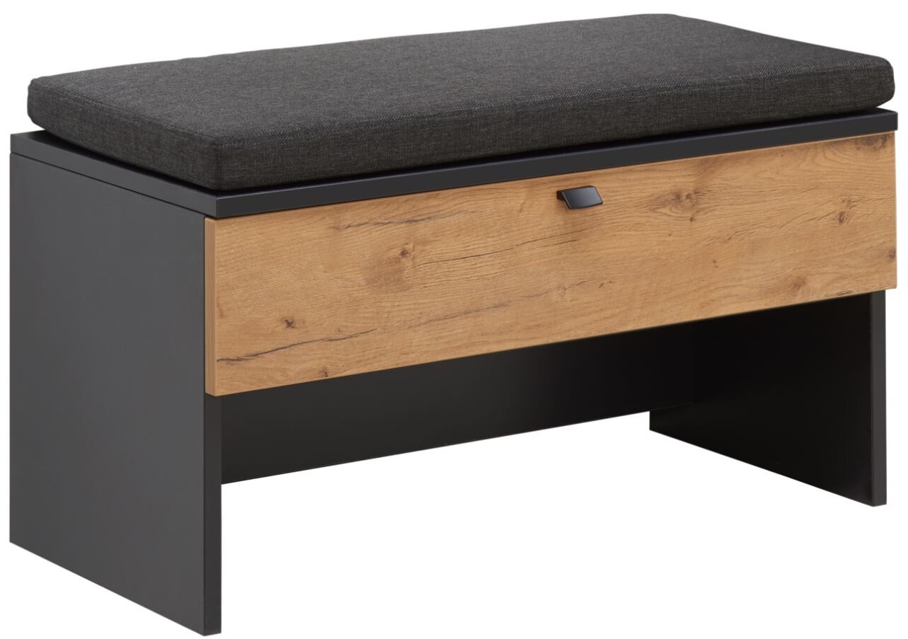 Sitzkissen auf einer modernen Bank mit Holzfront und schwarzem Gestell, seitliche Perspektive